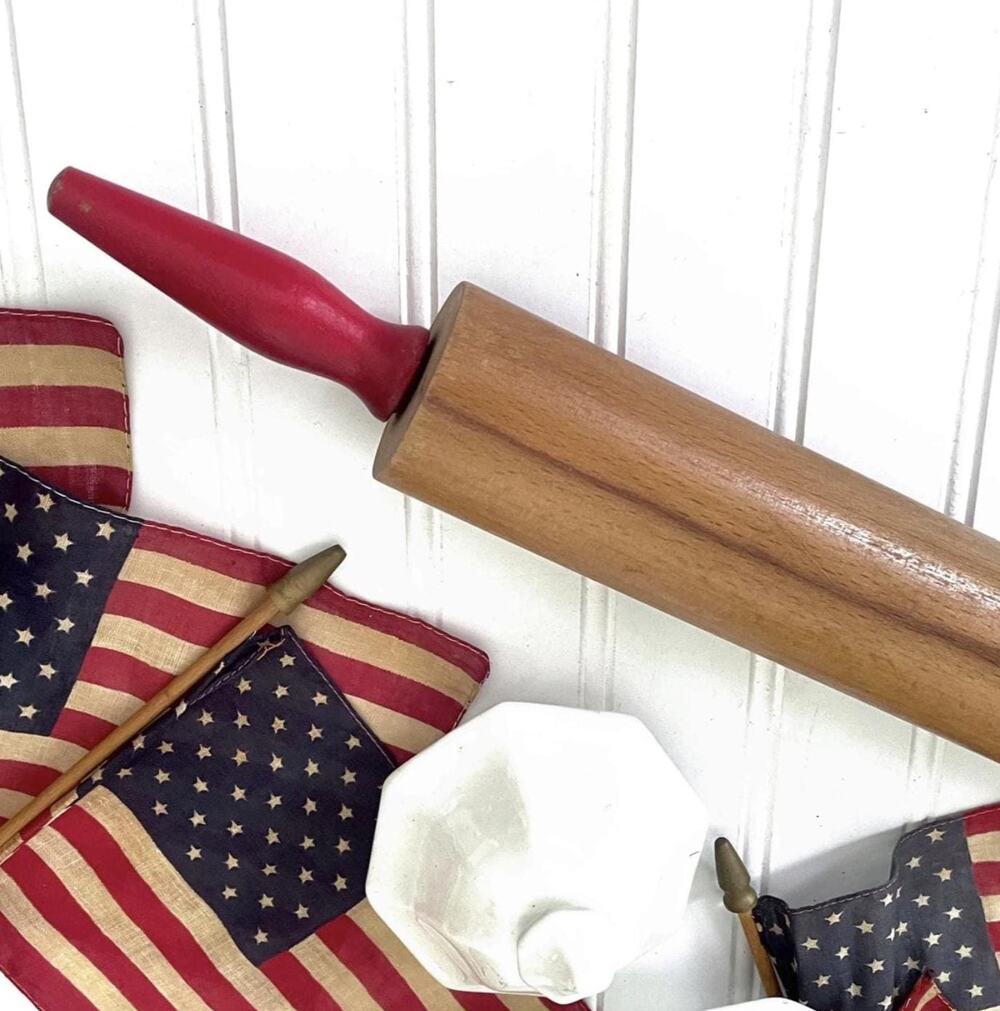 Vintage Wood Rolling Pin Red Handles Farmhouse Kitchen